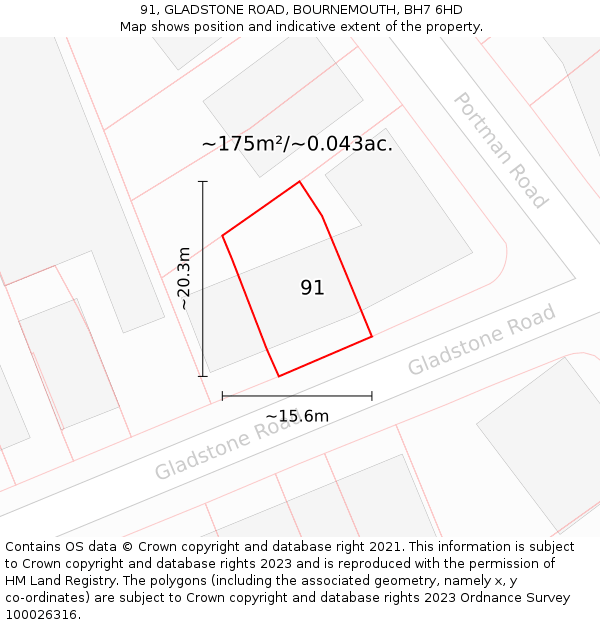 91, GLADSTONE ROAD, BOURNEMOUTH, BH7 6HD: Plot and title map