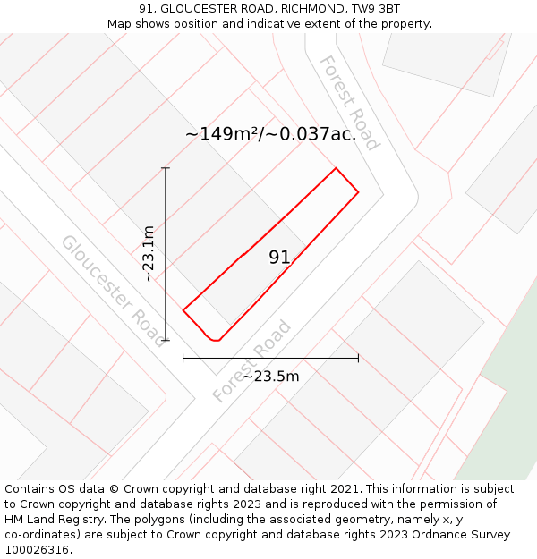 91, GLOUCESTER ROAD, RICHMOND, TW9 3BT: Plot and title map