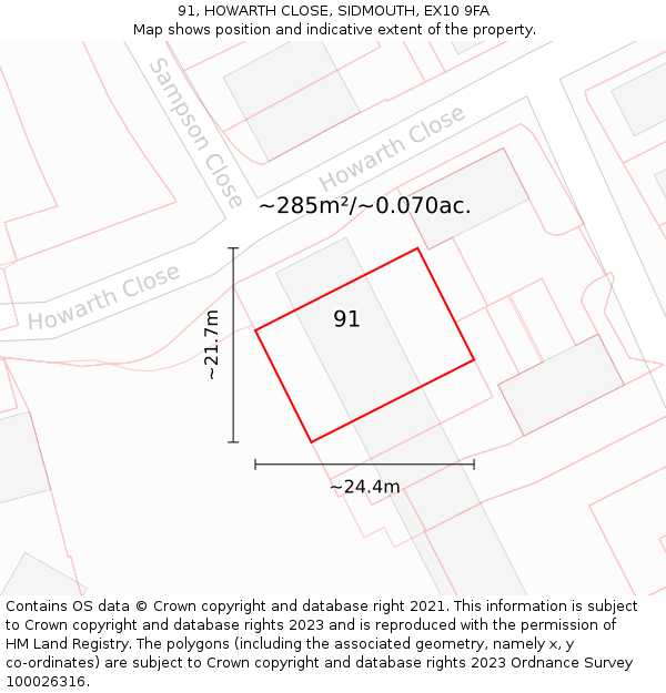 91, HOWARTH CLOSE, SIDMOUTH, EX10 9FA: Plot and title map