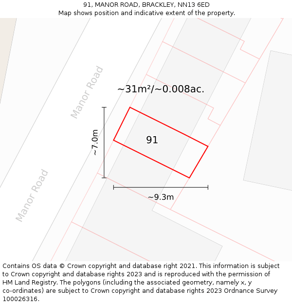 91, MANOR ROAD, BRACKLEY, NN13 6ED: Plot and title map