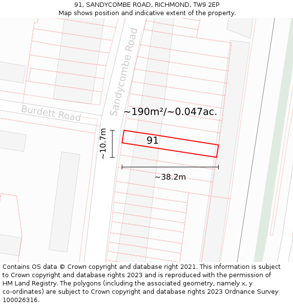 91, SANDYCOMBE ROAD, RICHMOND, TW9 2EP: Plot and title map