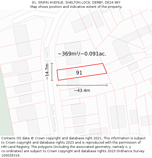 91, SINFIN AVENUE, SHELTON LOCK, DERBY, DE24 9EY: Plot and title map