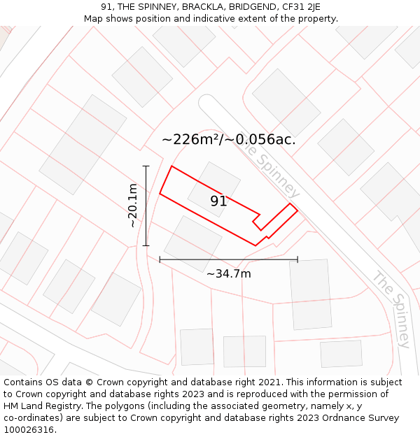 91, THE SPINNEY, BRACKLA, BRIDGEND, CF31 2JE: Plot and title map