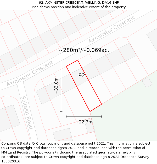92, AXMINSTER CRESCENT, WELLING, DA16 1HF: Plot and title map