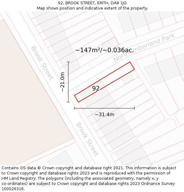 92, BROOK STREET, ERITH, DA8 1JG: Plot and title map