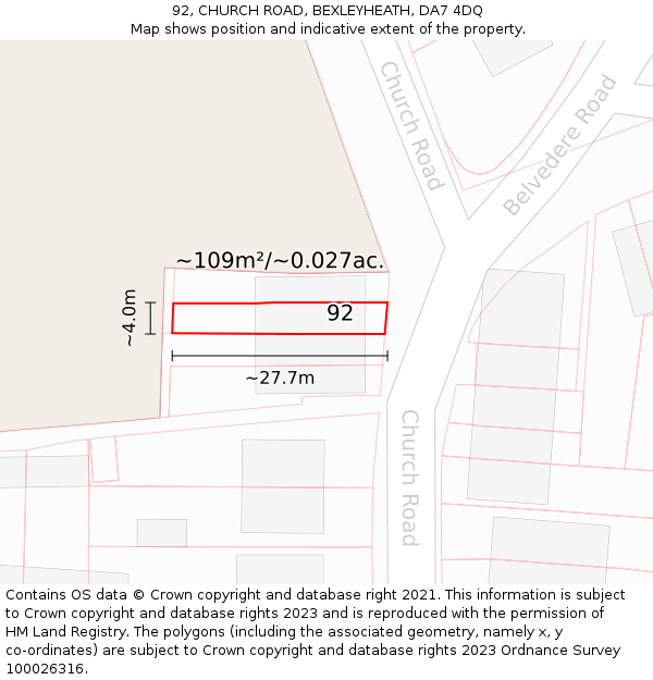 92, CHURCH ROAD, BEXLEYHEATH, DA7 4DQ: Plot and title map