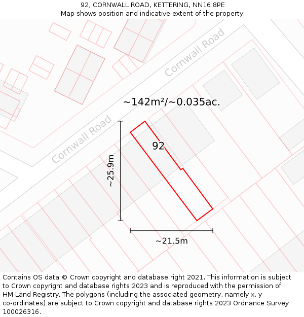 92, CORNWALL ROAD, KETTERING, NN16 8PE: Plot and title map