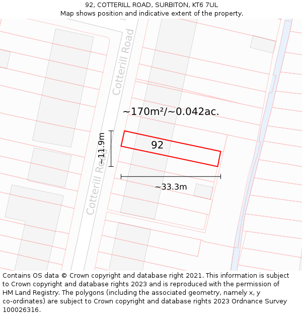 92, COTTERILL ROAD, SURBITON, KT6 7UL: Plot and title map