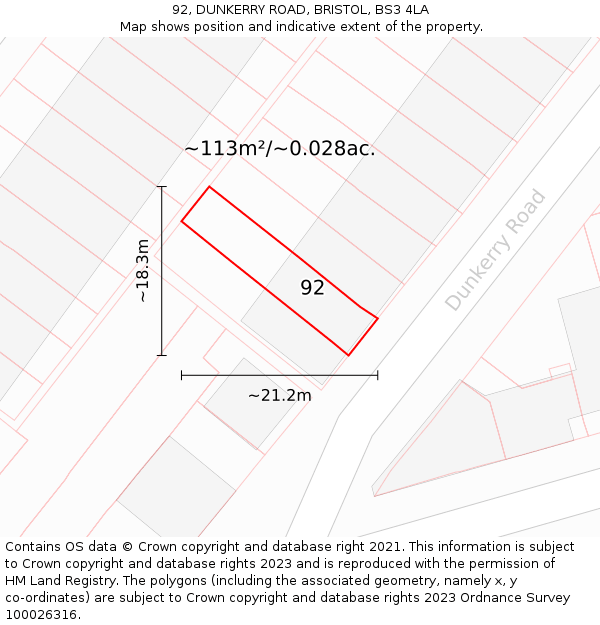 92, DUNKERRY ROAD, BRISTOL, BS3 4LA: Plot and title map