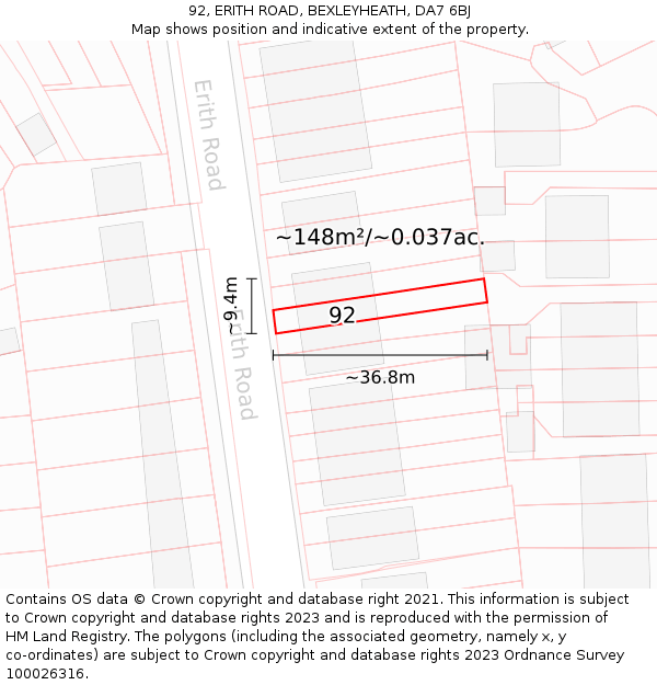 92, ERITH ROAD, BEXLEYHEATH, DA7 6BJ: Plot and title map