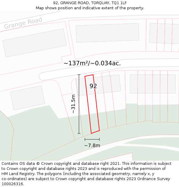 92, GRANGE ROAD, TORQUAY, TQ1 1LF: Plot and title map