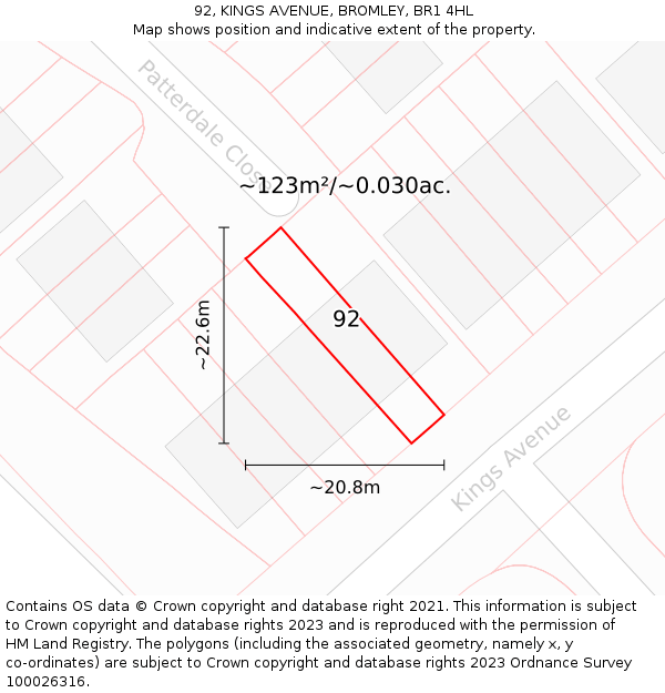 92, KINGS AVENUE, BROMLEY, BR1 4HL: Plot and title map