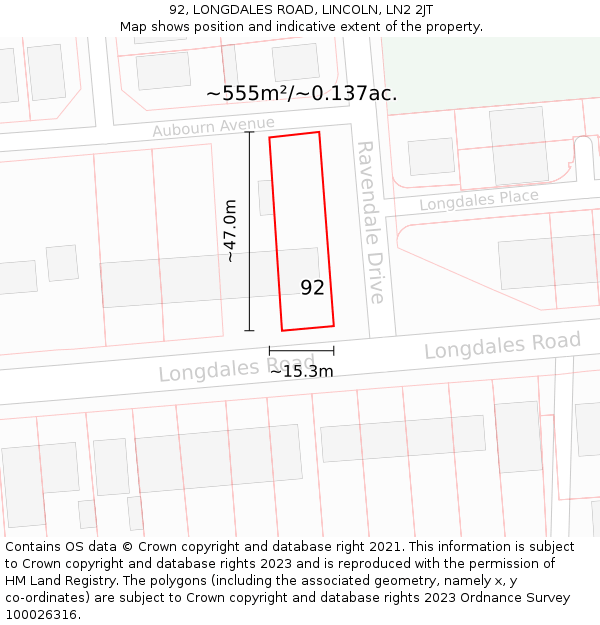 92, LONGDALES ROAD, LINCOLN, LN2 2JT: Plot and title map