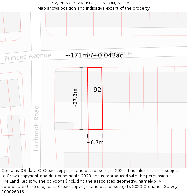 92, PRINCES AVENUE, LONDON, N13 6HD: Plot and title map