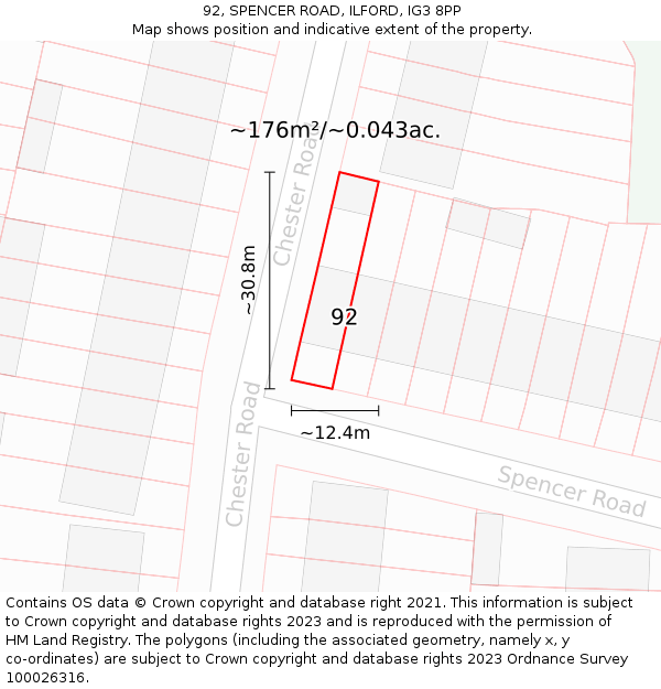 92, SPENCER ROAD, ILFORD, IG3 8PP: Plot and title map