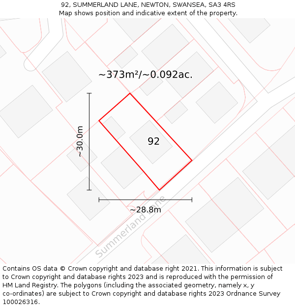 92, SUMMERLAND LANE, NEWTON, SWANSEA, SA3 4RS: Plot and title map
