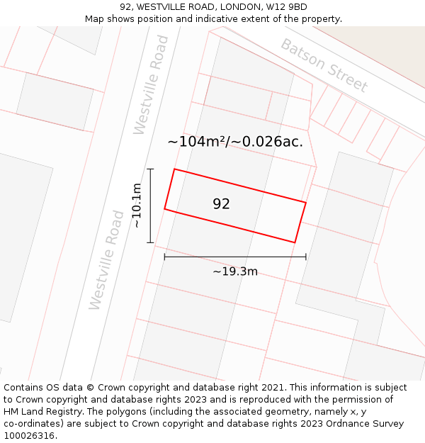 92, WESTVILLE ROAD, LONDON, W12 9BD: Plot and title map