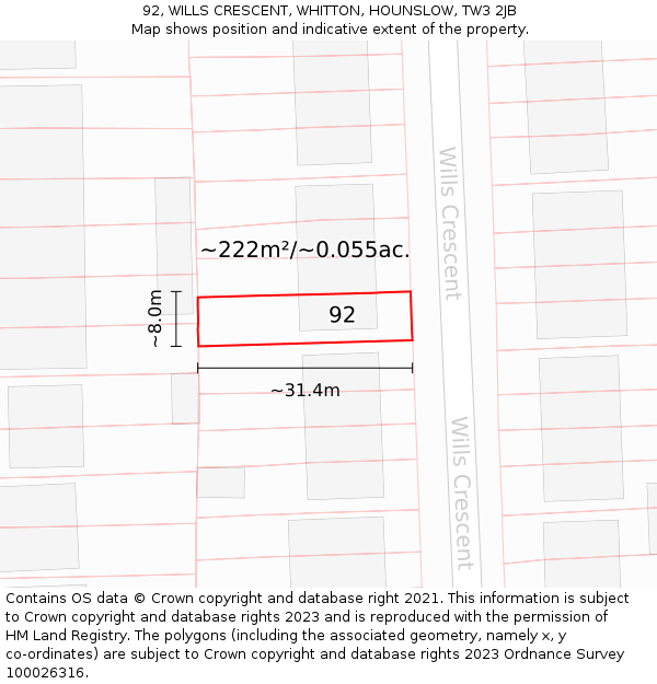 92, WILLS CRESCENT, WHITTON, HOUNSLOW, TW3 2JB: Plot and title map