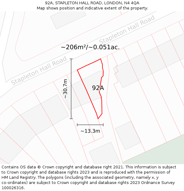 92A, STAPLETON HALL ROAD, LONDON, N4 4QA: Plot and title map