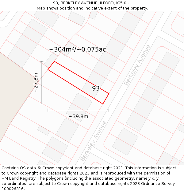 93, BERKELEY AVENUE, ILFORD, IG5 0UL: Plot and title map