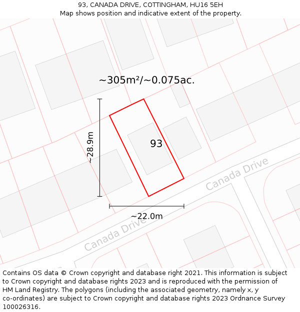 93, CANADA DRIVE, COTTINGHAM, HU16 5EH: Plot and title map
