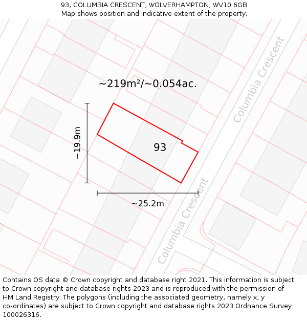 93, COLUMBIA CRESCENT, WOLVERHAMPTON, WV10 6GB: Plot and title map