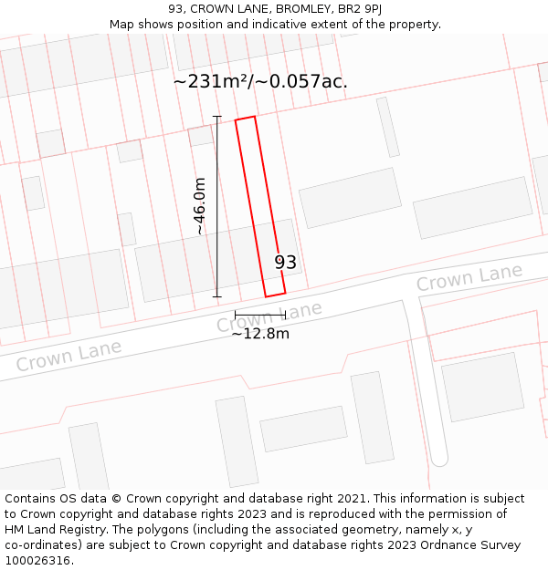 93, CROWN LANE, BROMLEY, BR2 9PJ: Plot and title map