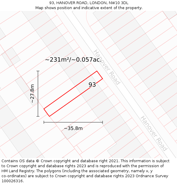 93, HANOVER ROAD, LONDON, NW10 3DL: Plot and title map