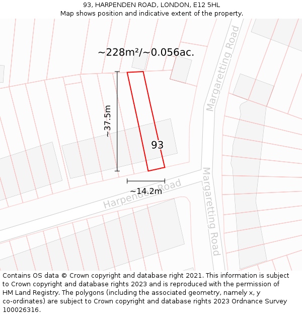 93, HARPENDEN ROAD, LONDON, E12 5HL: Plot and title map