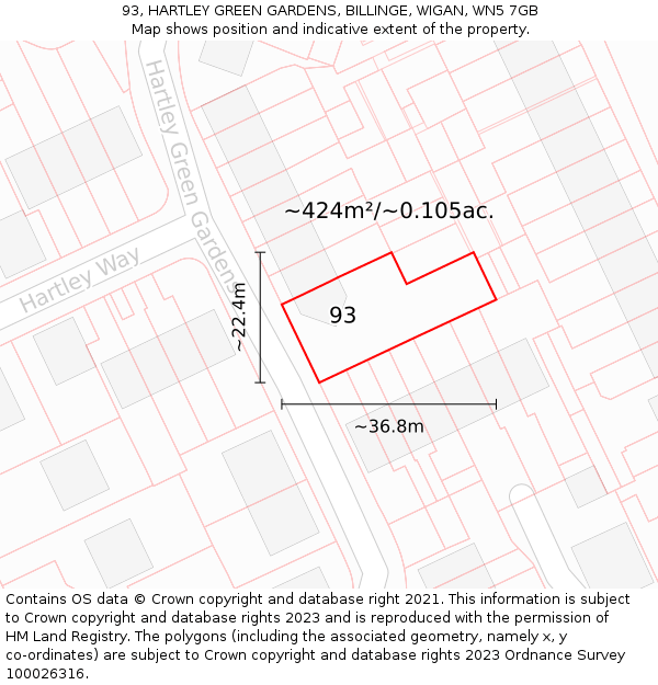 93, HARTLEY GREEN GARDENS, BILLINGE, WIGAN, WN5 7GB: Plot and title map