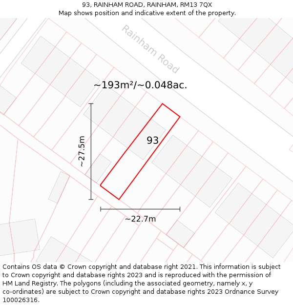 93, RAINHAM ROAD, RAINHAM, RM13 7QX: Plot and title map