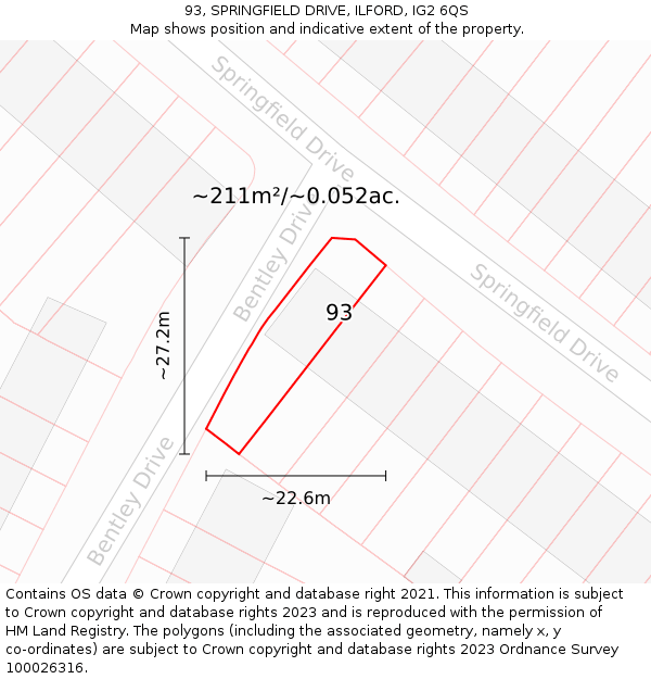 93, SPRINGFIELD DRIVE, ILFORD, IG2 6QS: Plot and title map
