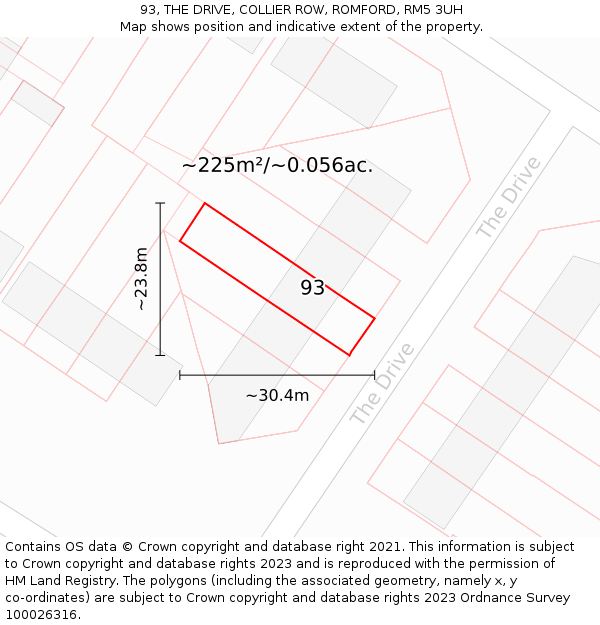 93, THE DRIVE, COLLIER ROW, ROMFORD, RM5 3UH: Plot and title map