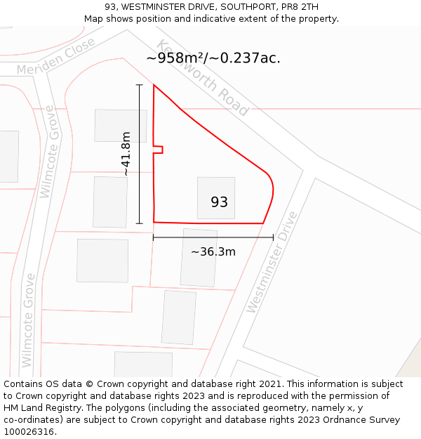 93, WESTMINSTER DRIVE, SOUTHPORT, PR8 2TH: Plot and title map