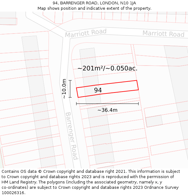 94, BARRENGER ROAD, LONDON, N10 1JA: Plot and title map