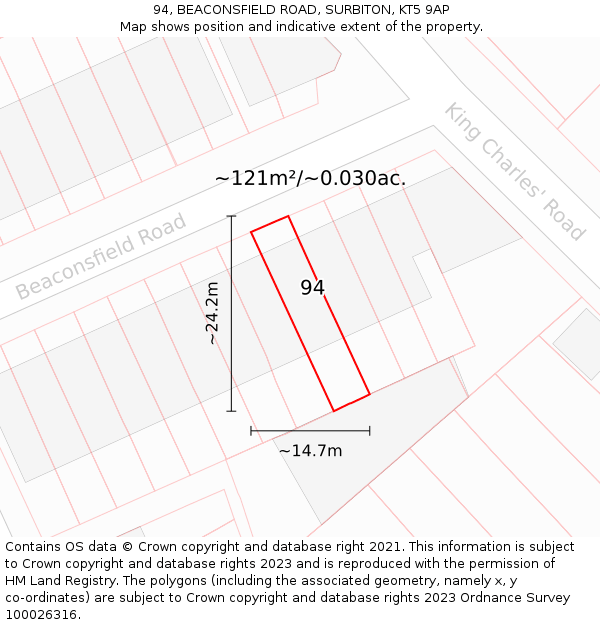 94, BEACONSFIELD ROAD, SURBITON, KT5 9AP: Plot and title map