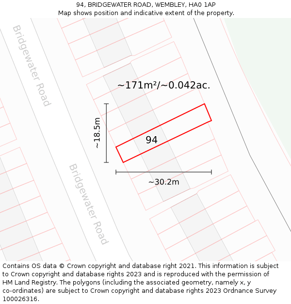 94, BRIDGEWATER ROAD, WEMBLEY, HA0 1AP: Plot and title map