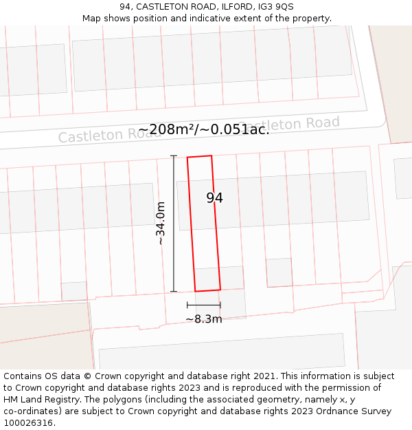 94, CASTLETON ROAD, ILFORD, IG3 9QS: Plot and title map