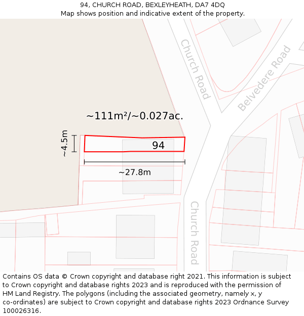 94, CHURCH ROAD, BEXLEYHEATH, DA7 4DQ: Plot and title map