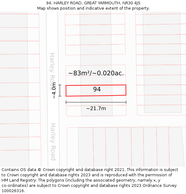 94, HARLEY ROAD, GREAT YARMOUTH, NR30 4JS: Plot and title map