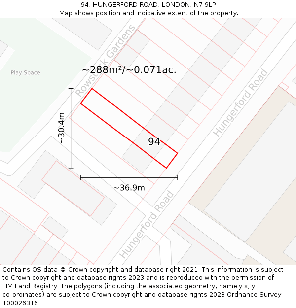 94, HUNGERFORD ROAD, LONDON, N7 9LP: Plot and title map