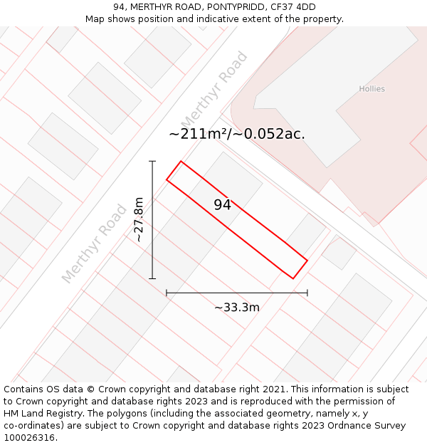 94, MERTHYR ROAD, PONTYPRIDD, CF37 4DD: Plot and title map