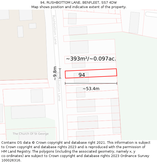 94, RUSHBOTTOM LANE, BENFLEET, SS7 4DW: Plot and title map
