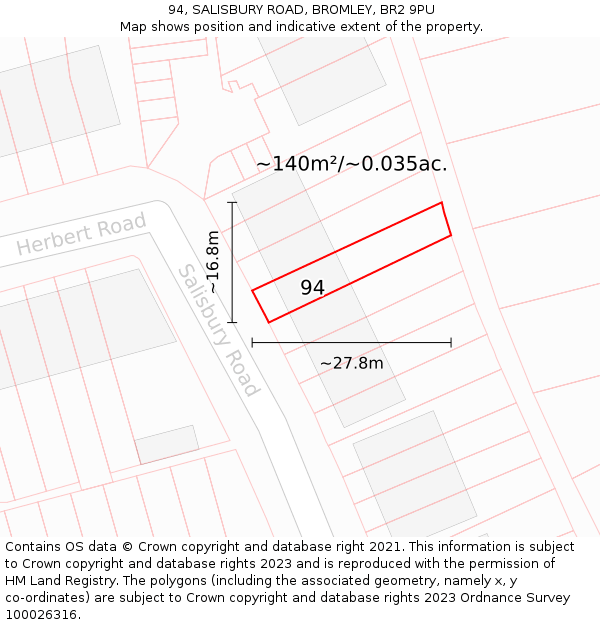 94, SALISBURY ROAD, BROMLEY, BR2 9PU: Plot and title map