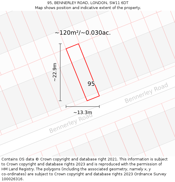 95, BENNERLEY ROAD, LONDON, SW11 6DT: Plot and title map