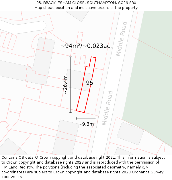 95, BRACKLESHAM CLOSE, SOUTHAMPTON, SO19 8RX: Plot and title map