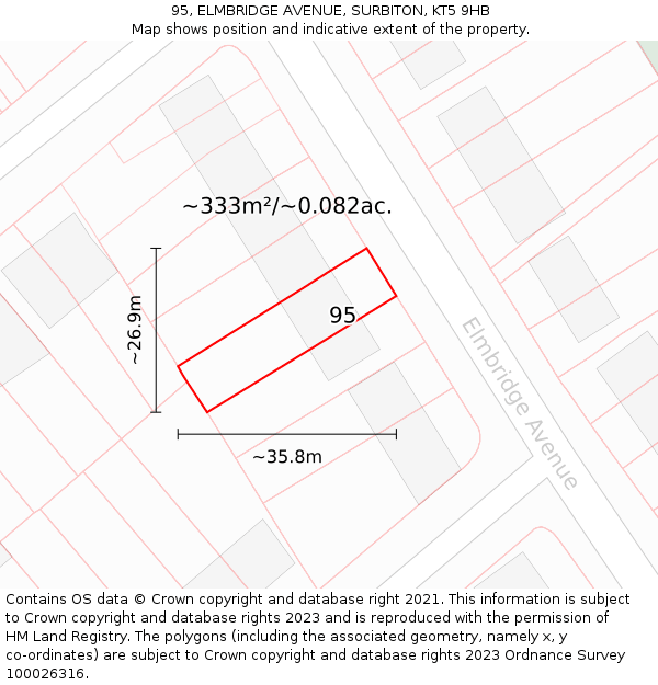 95, ELMBRIDGE AVENUE, SURBITON, KT5 9HB: Plot and title map