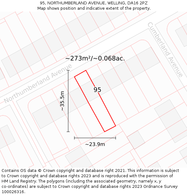 95, NORTHUMBERLAND AVENUE, WELLING, DA16 2PZ: Plot and title map