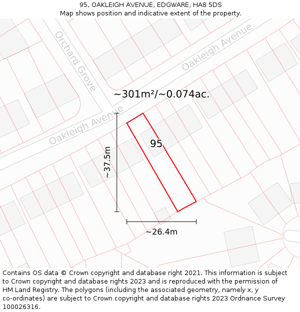 95, OAKLEIGH AVENUE, EDGWARE, HA8 5DS: Plot and title map