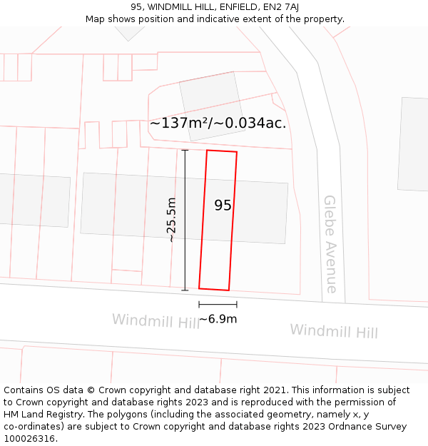95, WINDMILL HILL, ENFIELD, EN2 7AJ: Plot and title map